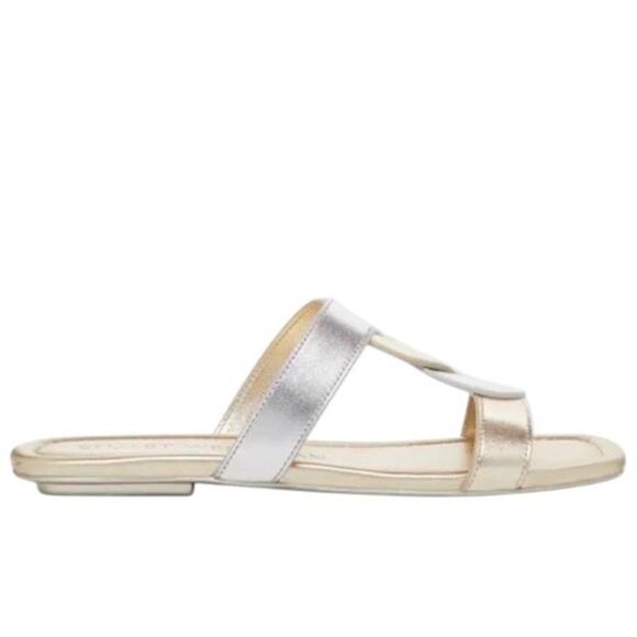 NEW Stuart Weitzman 7.5 Ibiza Woven-Strap Flat Slide Sandal Metallic Silver Gold - Picture 8 of 12